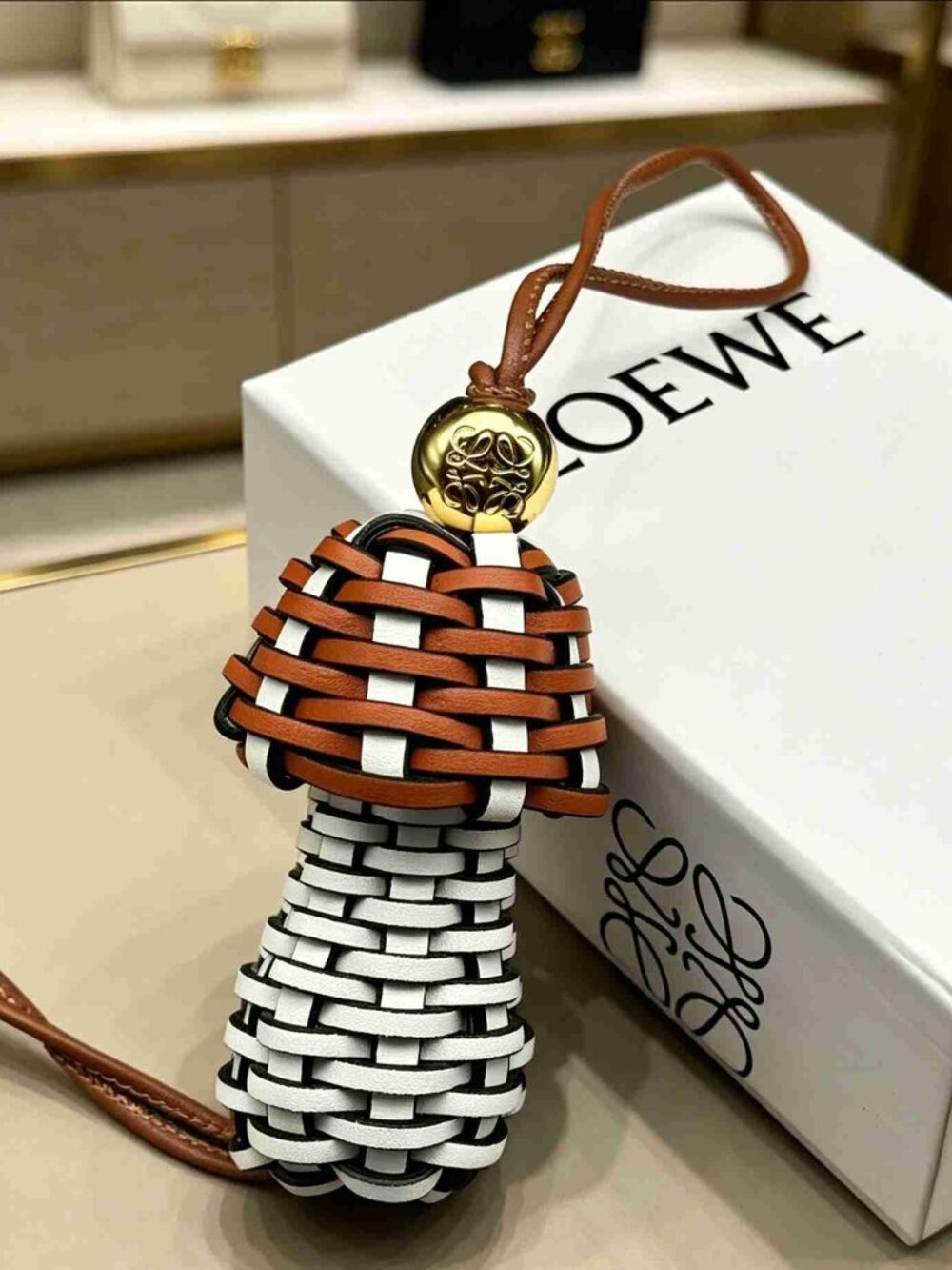LOEWE Tan & White Leather Mushroom Charm with Anagram Ball
